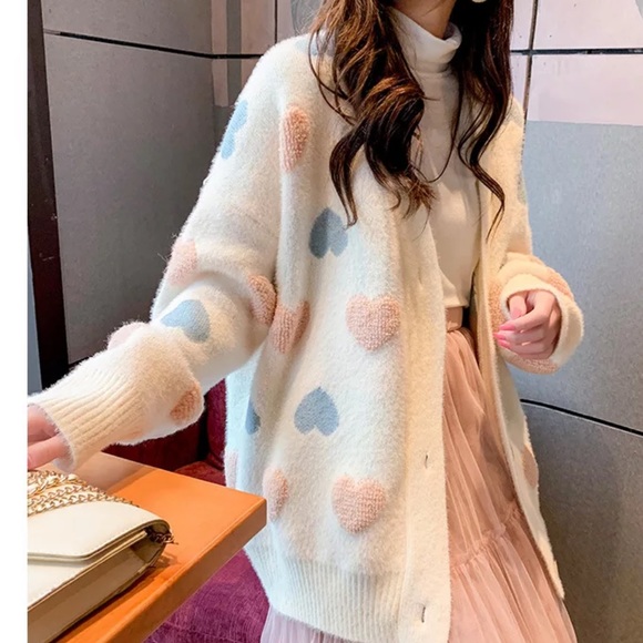 Sweater cardigan heart sweater cute button down fuzzy v-neck chunky - Picture 3 of 13